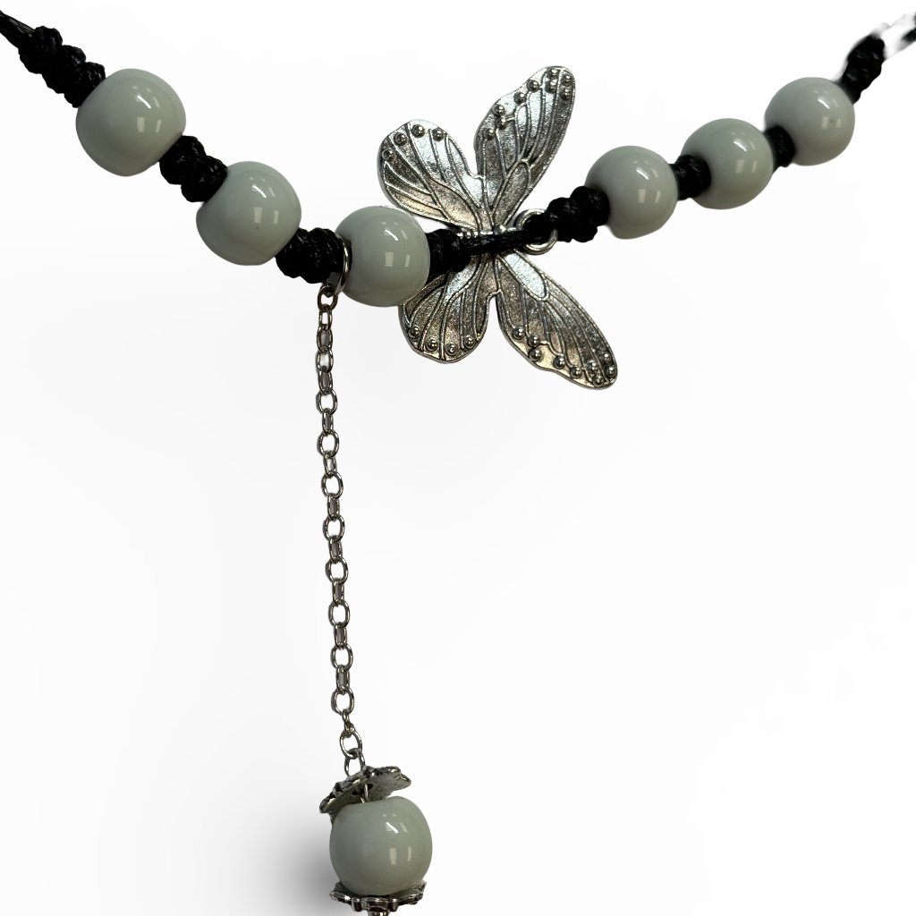 Vintage Bamboo Green Bead Silver Butterfly Blessing Charm Necklace